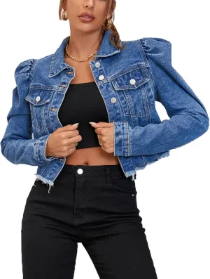 Flygo Women's Fashion Puff Sleeve Frayed Raw Hem Ripped Cropped Jean Denim Jacket