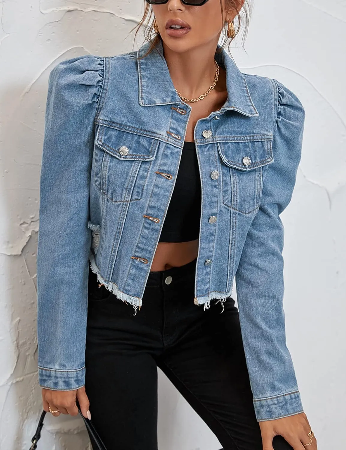 Flygo Women's Fashion Puff Sleeve Frayed Raw Hem Ripped Cropped Jean Denim Jacket