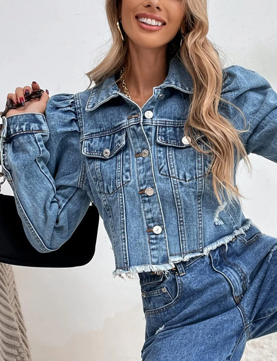 Flygo Women's Fashion Puff Sleeve Frayed Raw Hem Ripped Cropped Jean Denim Jacket