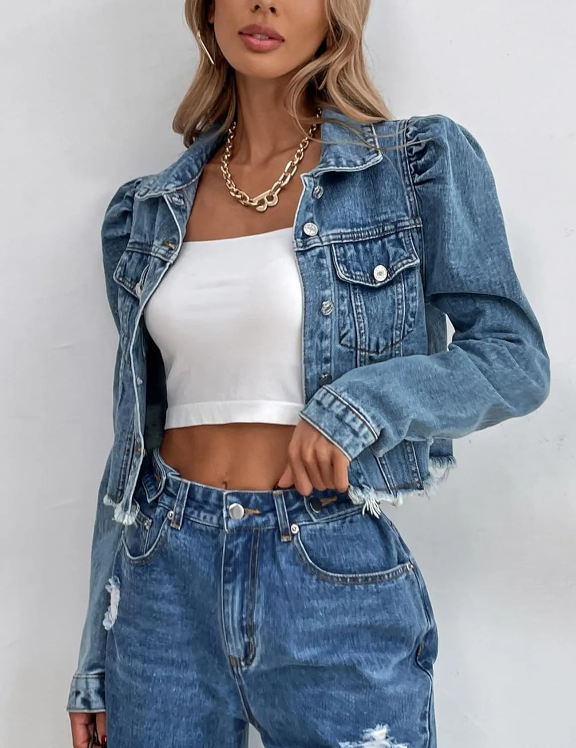 Flygo Women's Fashion Puff Sleeve Frayed Raw Hem Ripped Cropped Jean Denim Jacket