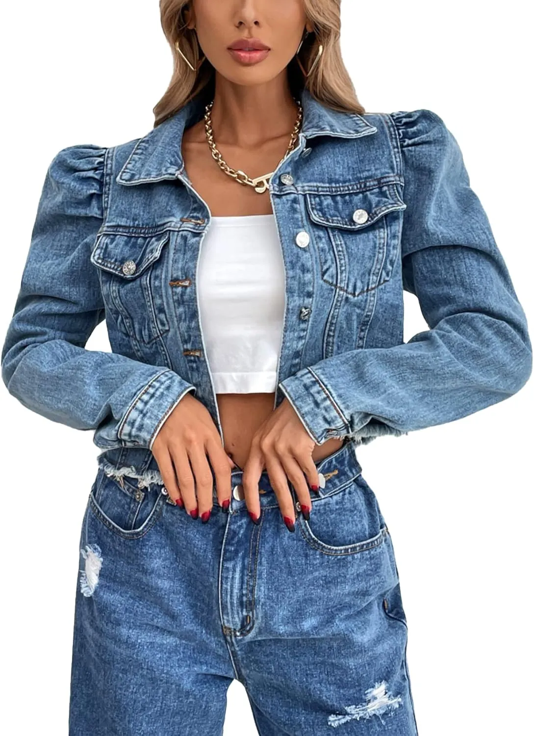Flygo Women's Fashion Puff Sleeve Frayed Raw Hem Ripped Cropped Jean Denim Jacket