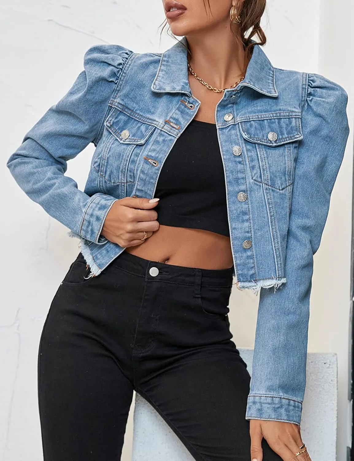 Flygo Women's Fashion Puff Sleeve Frayed Raw Hem Ripped Cropped Jean Denim Jacket