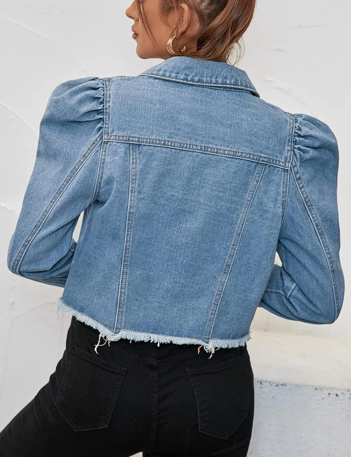 Flygo Women's Fashion Puff Sleeve Frayed Raw Hem Ripped Cropped Jean Denim Jacket