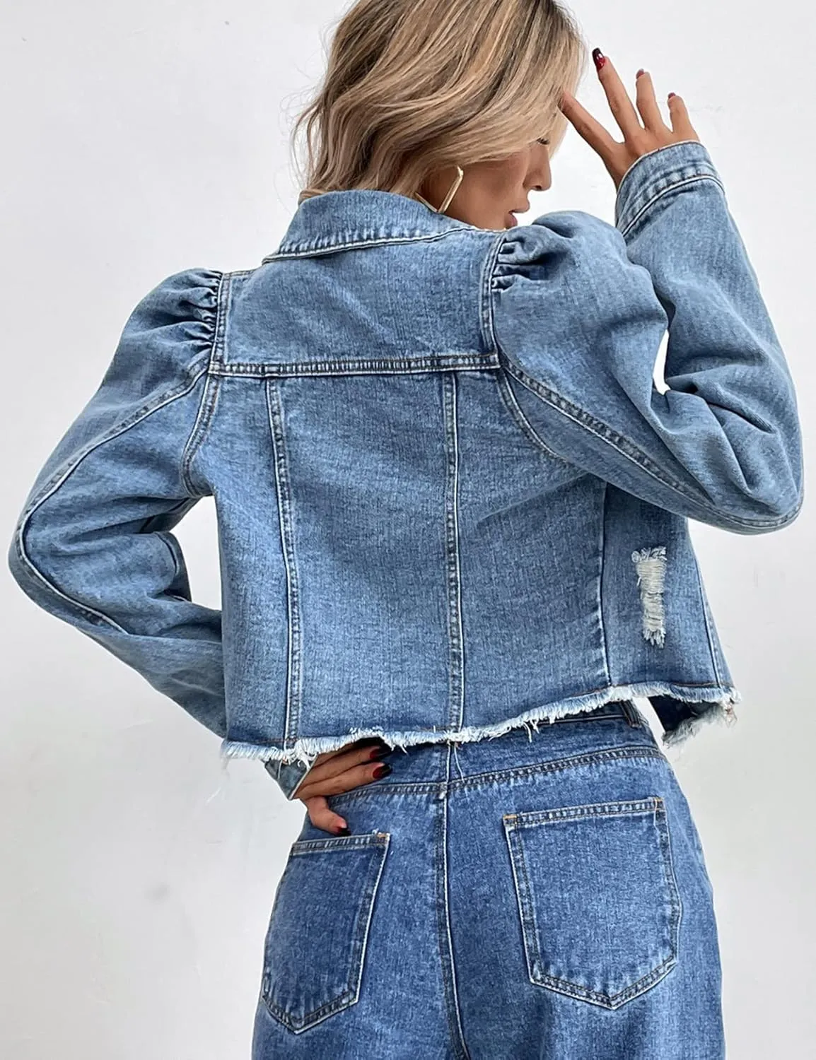 Flygo Women's Fashion Puff Sleeve Frayed Raw Hem Ripped Cropped Jean Denim Jacket