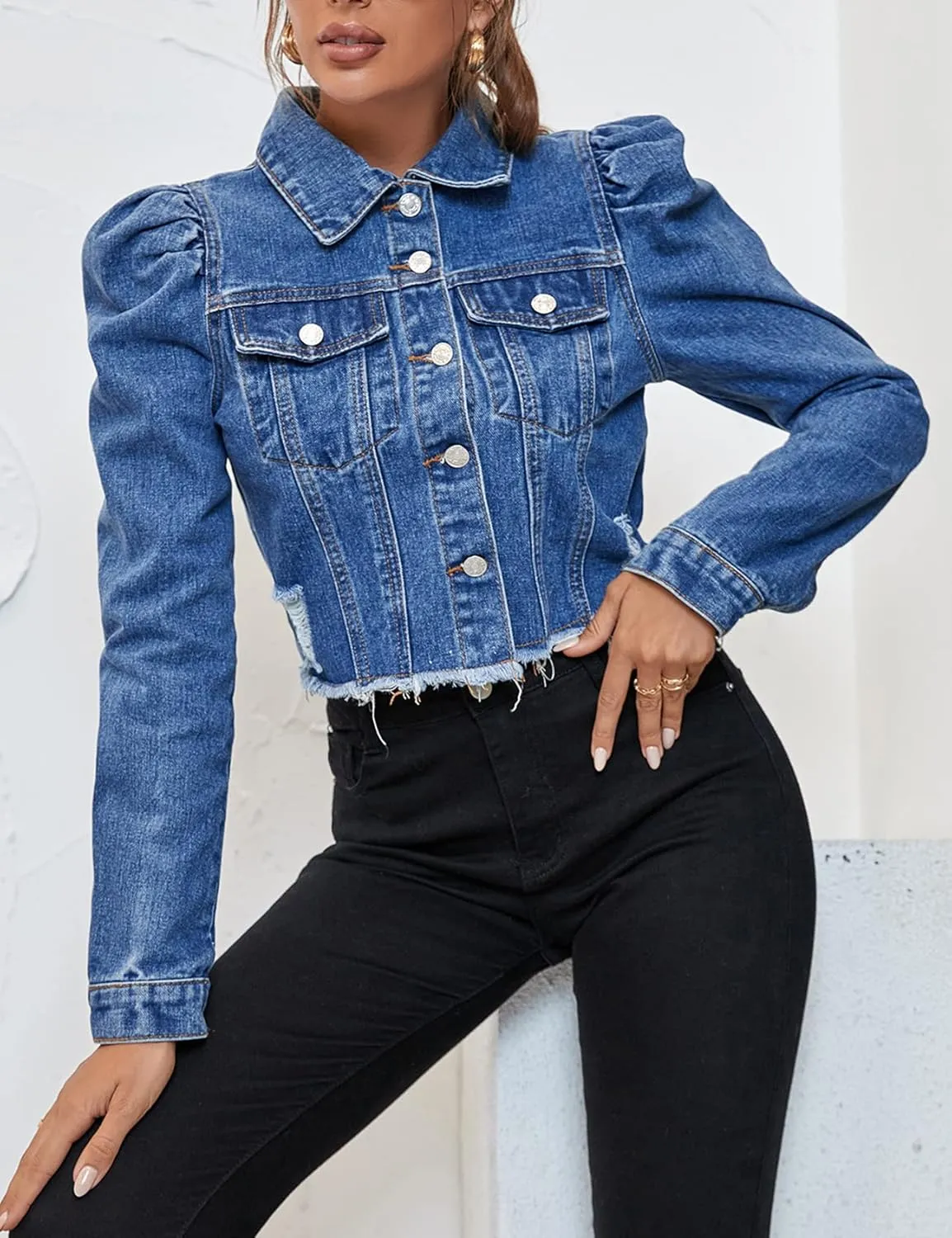 Flygo Women's Fashion Puff Sleeve Frayed Raw Hem Ripped Cropped Jean Denim Jacket