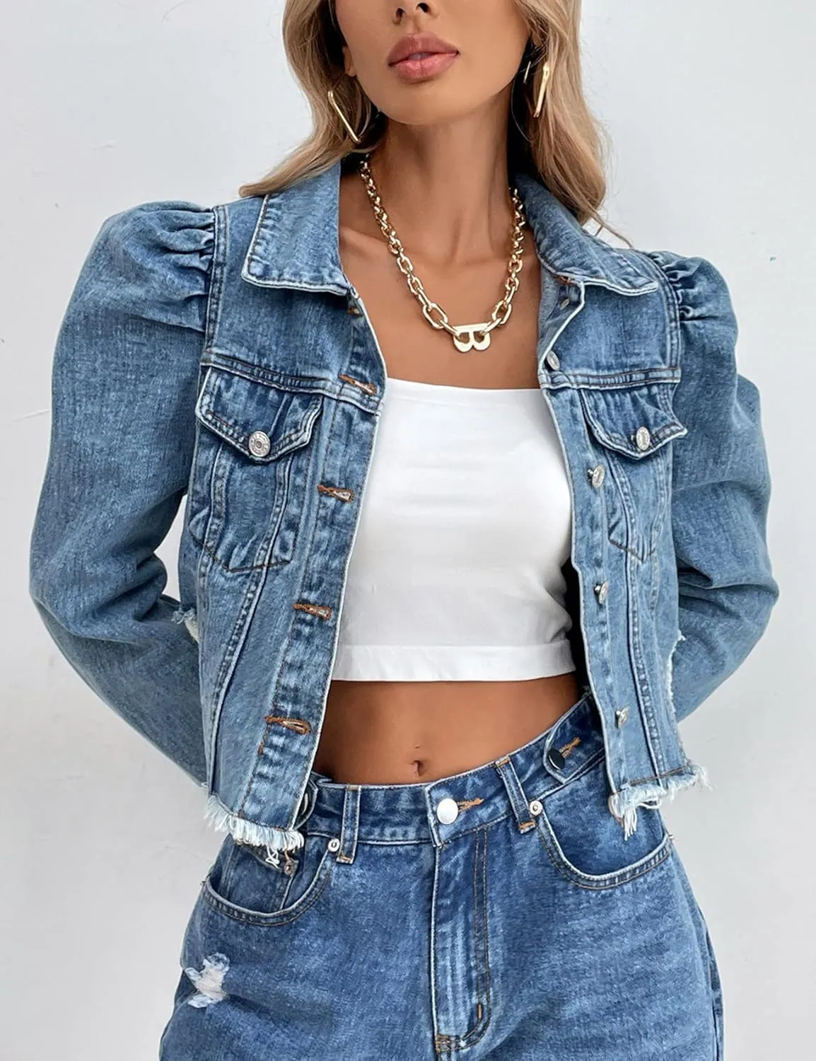 Flygo Women's Fashion Puff Sleeve Frayed Raw Hem Ripped Cropped Jean Denim Jacket