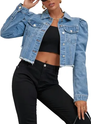Flygo Women's Fashion Puff Sleeve Frayed Raw Hem Ripped Cropped Jean Denim Jacket