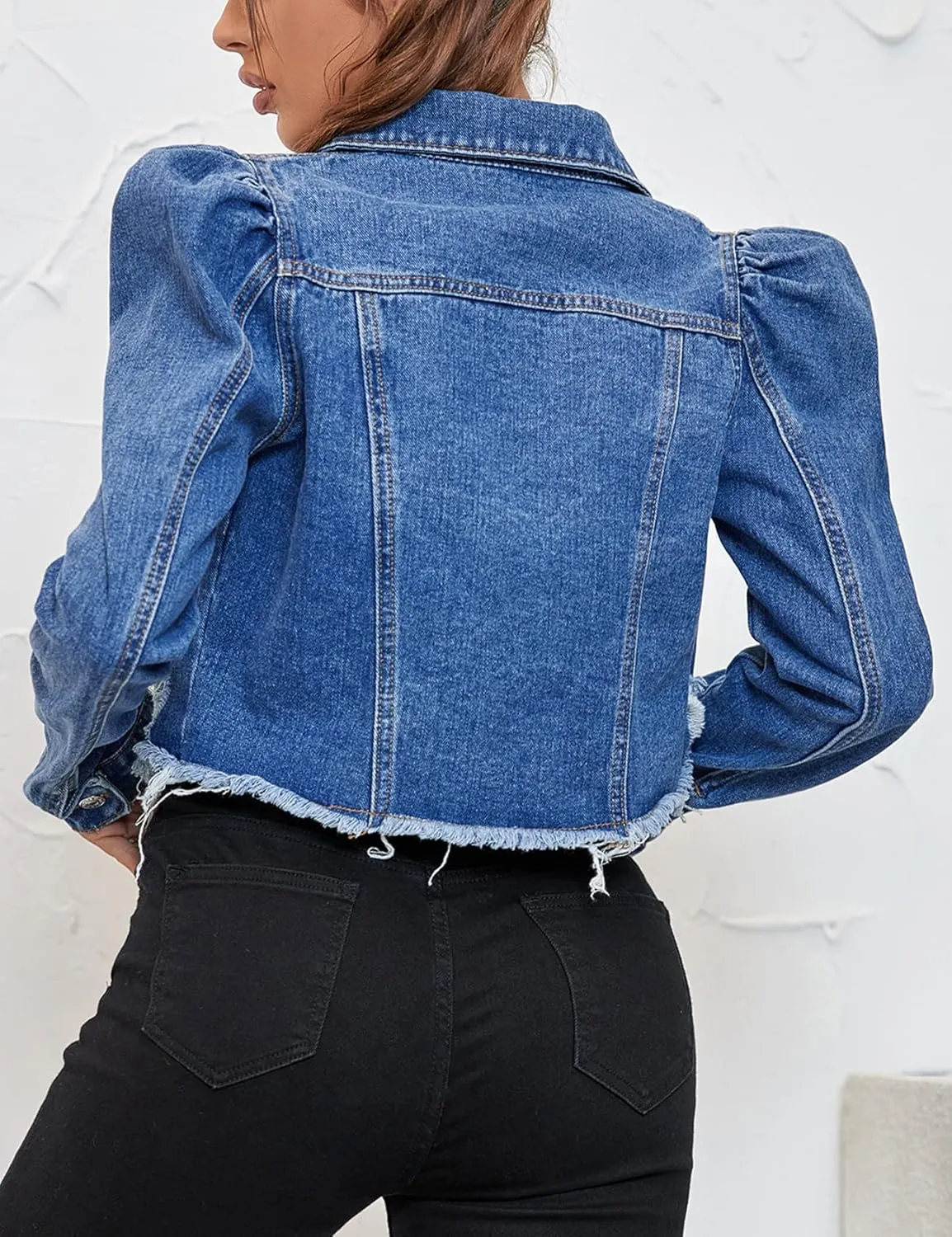Flygo Women's Fashion Puff Sleeve Frayed Raw Hem Ripped Cropped Jean Denim Jacket