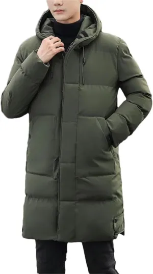 Fnfmrfmr Men Long Hooded Parka Jackets Solid Pockets Zipper Casual Down Cotton-Padded Coat