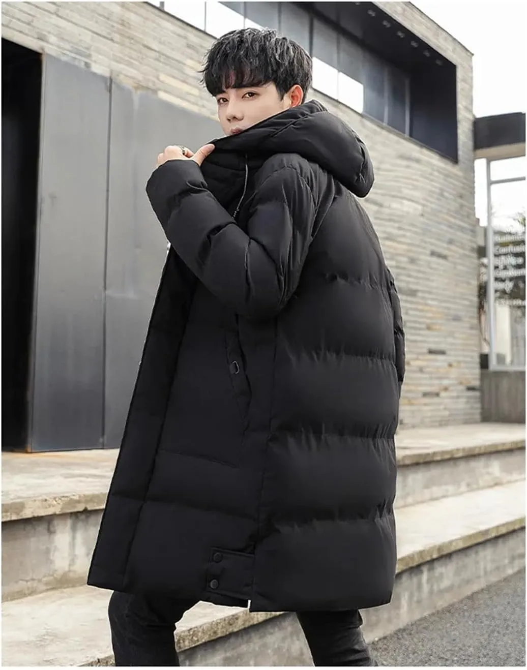 Fnfmrfmr Men Long Hooded Parka Jackets Solid Pockets Zipper Casual Down Cotton-Padded Coat