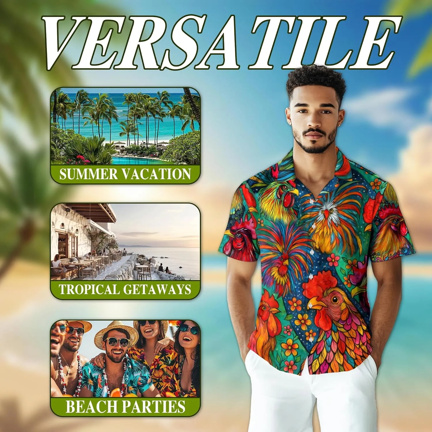 Funny Alligator Pattern Hawaiian Shirt for Men, Button Down Summer Beach Short Sleeve, Tropical Style, Sizes S-5XL