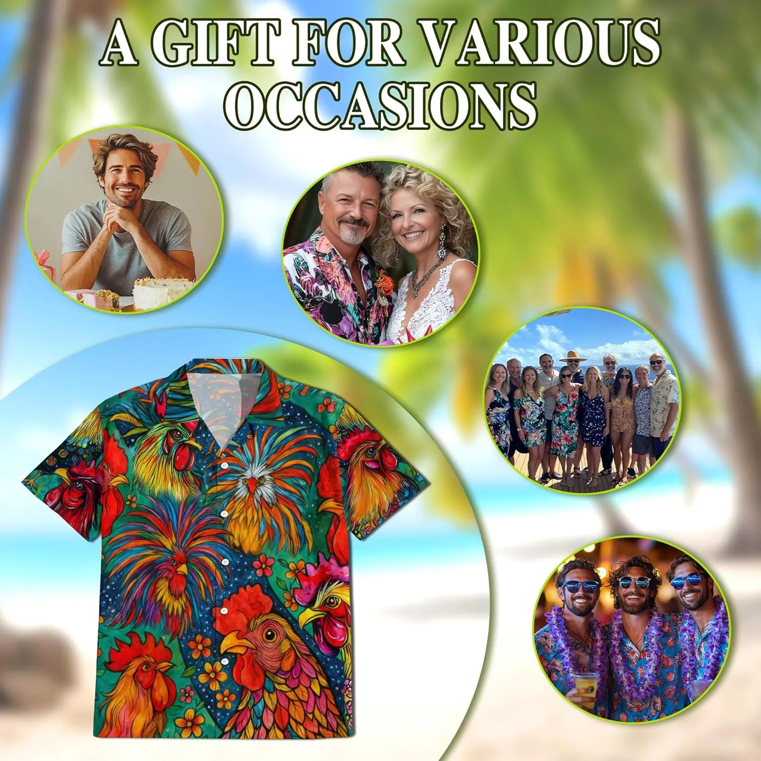 Funny Alligator Pattern Hawaiian Shirt for Men, Button Down Summer Beach Short Sleeve, Tropical Style, Sizes S-5XL
