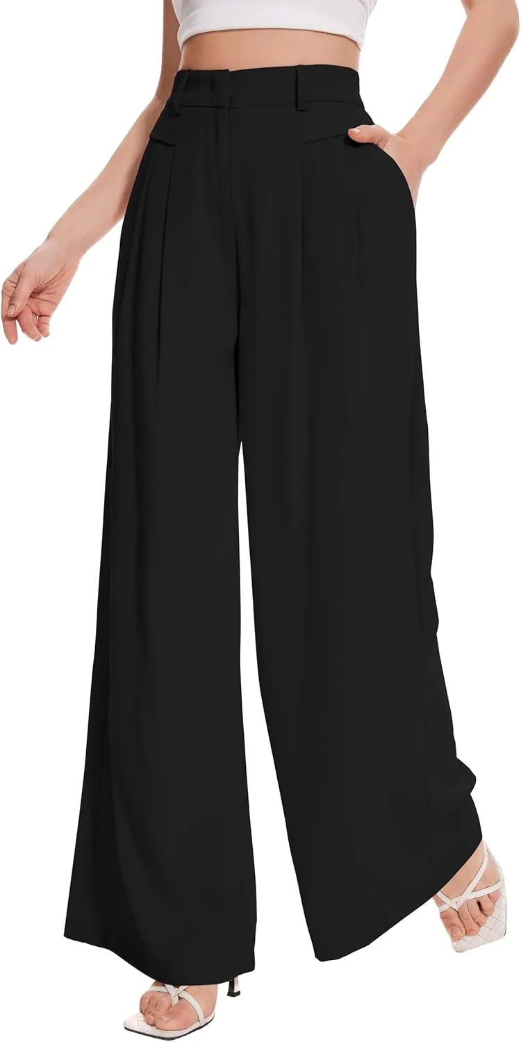 FUNYYZO Women Palazzo Pants High Elastic Waisted Business Work Long Trousers Wide Leg Loose Casual Pants