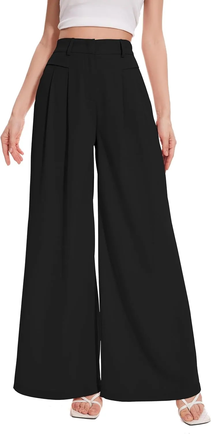 FUNYYZO Women Palazzo Pants High Elastic Waisted Business Work Long Trousers Wide Leg Loose Casual Pants