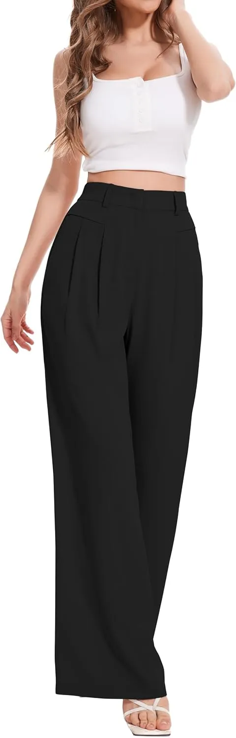 FUNYYZO Women Palazzo Pants High Elastic Waisted Business Work Long Trousers Wide Leg Loose Casual Pants