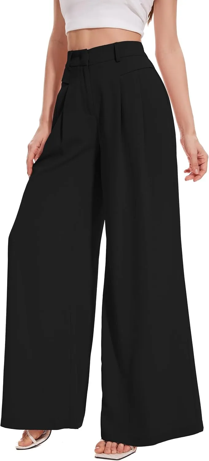 FUNYYZO Women Palazzo Pants High Elastic Waisted Business Work Long Trousers Wide Leg Loose Casual Pants