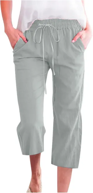 FZYLQY Capri Pants for Women Casual 2025 Summer Drawstring Elastic High Waist Linen Pant Straight Wide Leg Cropped Trousers
