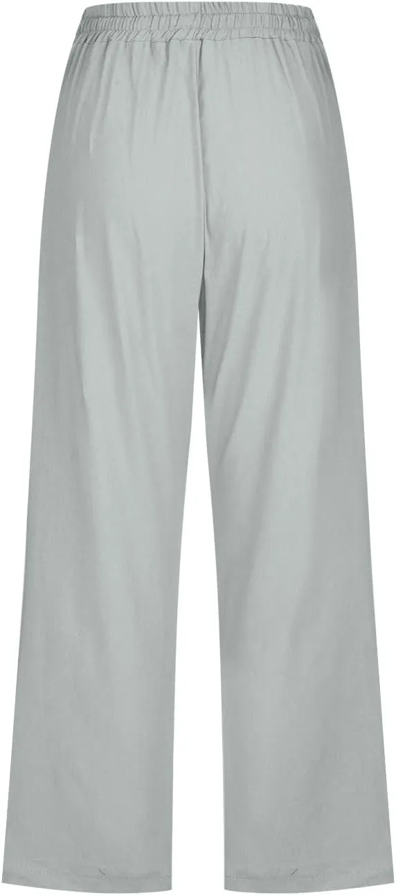 FZYLQY Capri Pants for Women Casual 2025 Summer Drawstring Elastic High Waist Linen Pant Straight Wide Leg Cropped Trousers