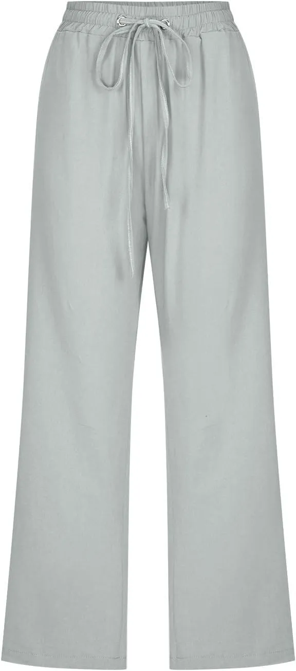 FZYLQY Capri Pants for Women Casual 2025 Summer Drawstring Elastic High Waist Linen Pant Straight Wide Leg Cropped Trousers