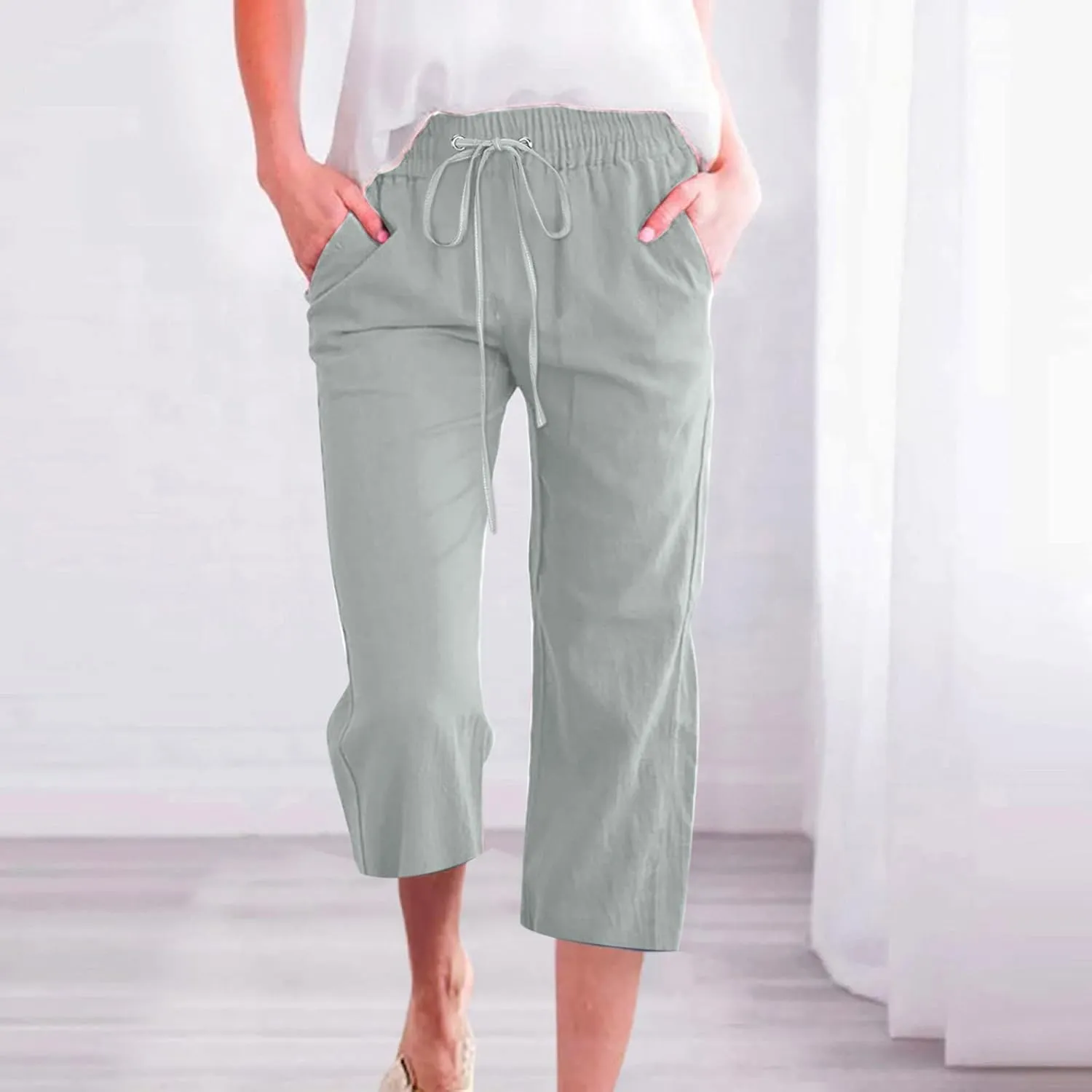 FZYLQY Capri Pants for Women Casual 2025 Summer Drawstring Elastic High Waist Linen Pant Straight Wide Leg Cropped Trousers
