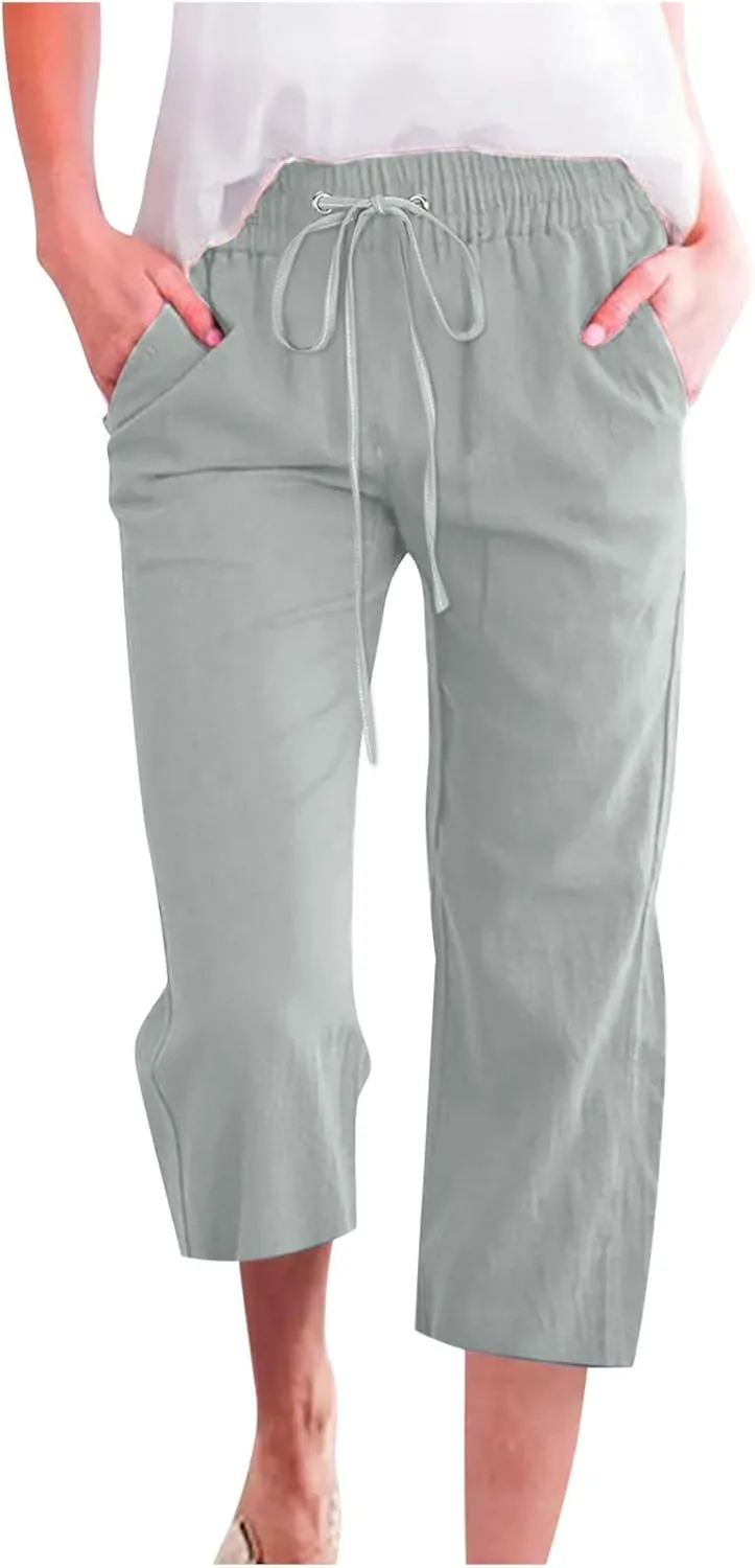 FZYLQY Capri Pants for Women Casual 2025 Summer Drawstring Elastic High Waist Linen Pant Straight Wide Leg Cropped Trousers