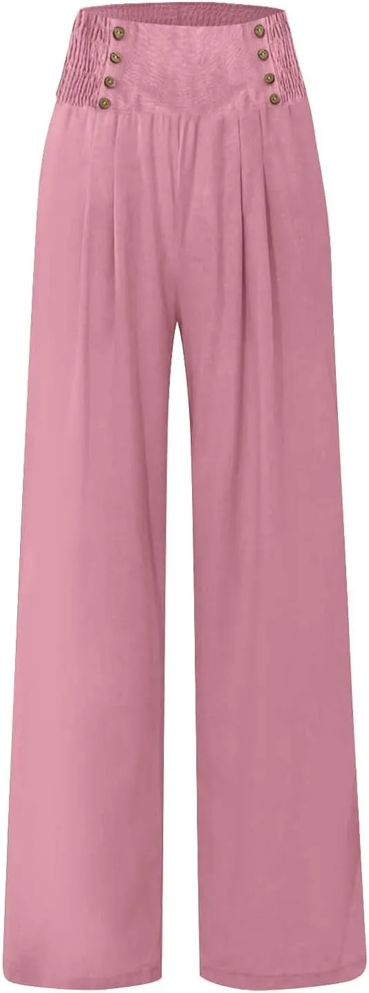 FZYLQY Linen Pants for Women Comfy Flowy Wide Leg Pants Trousers Summer High Waisted Beach Palazzo Pants with Pockets 2025