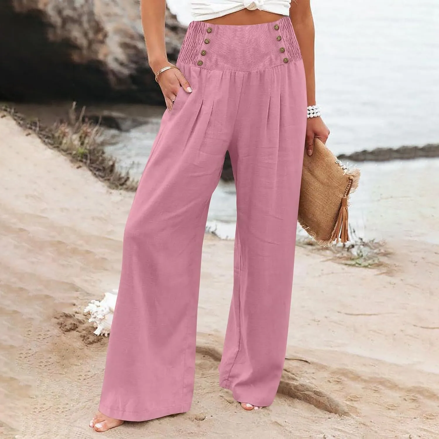 FZYLQY Linen Pants for Women Comfy Flowy Wide Leg Pants Trousers Summer High Waisted Beach Palazzo Pants with Pockets 2025