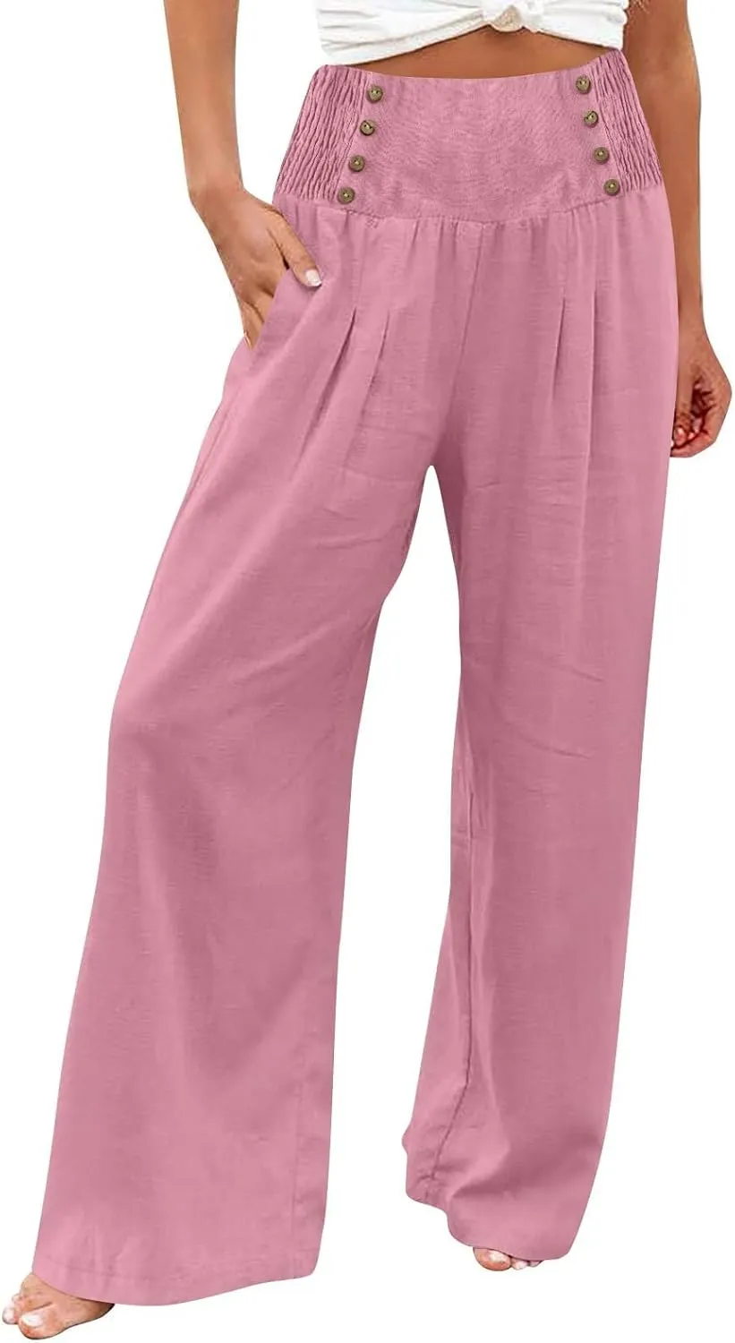 FZYLQY Linen Pants for Women Comfy Flowy Wide Leg Pants Trousers Summer High Waisted Beach Palazzo Pants with Pockets 2025
