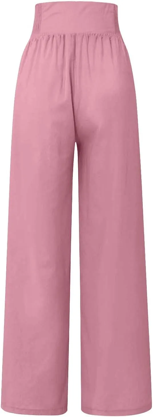 FZYLQY Linen Pants for Women Comfy Flowy Wide Leg Pants Trousers Summer High Waisted Beach Palazzo Pants with Pockets 2025