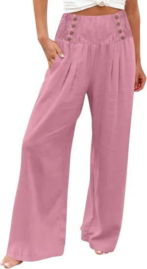 FZYLQY Linen Pants for Women Comfy Flowy Wide Leg Pants Trousers Summer High Waisted Beach Palazzo Pants with Pockets 2025