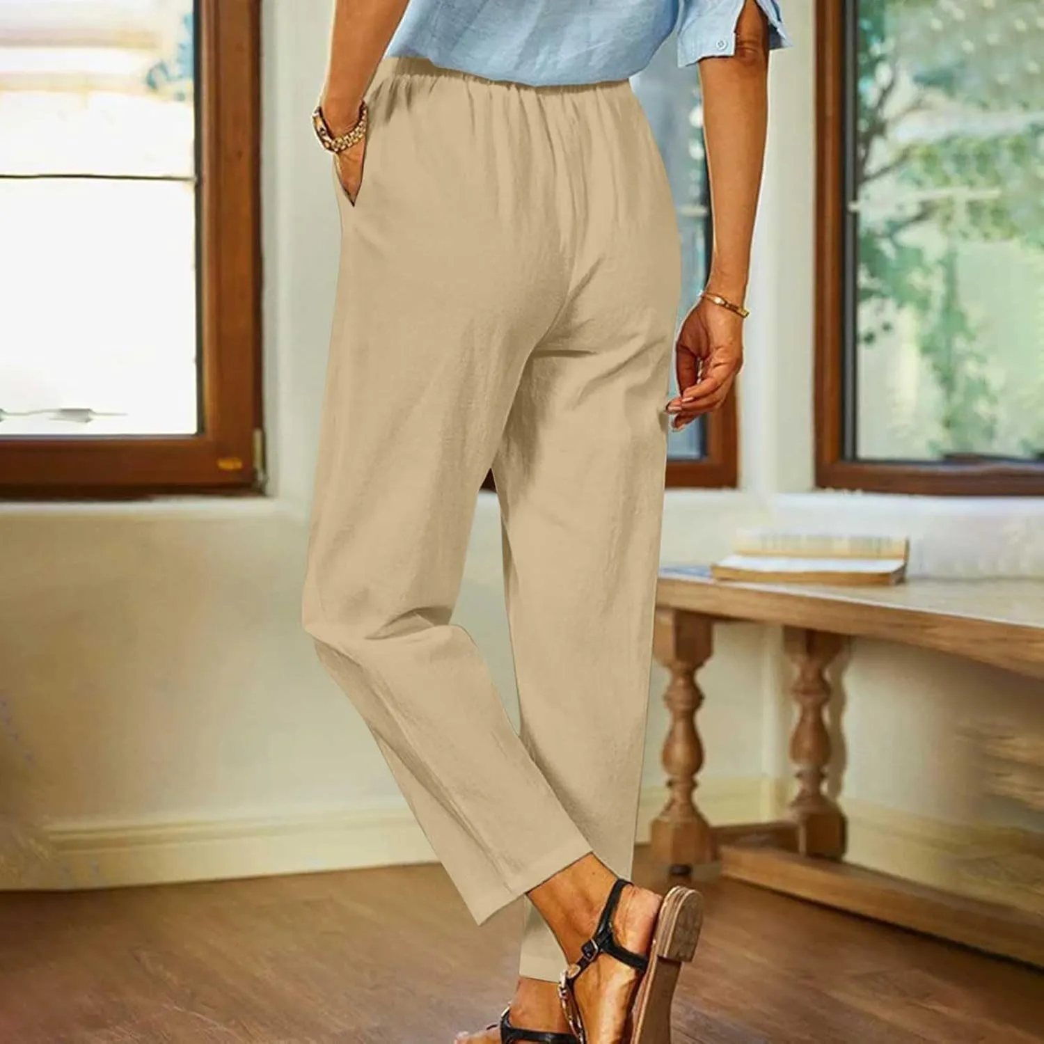 FZYLQY Linen Pants for Women Straight Leg Summer Trendy Elastic Waist Palazzo Beach Loose Fit Cropped Trousers with Pockets
