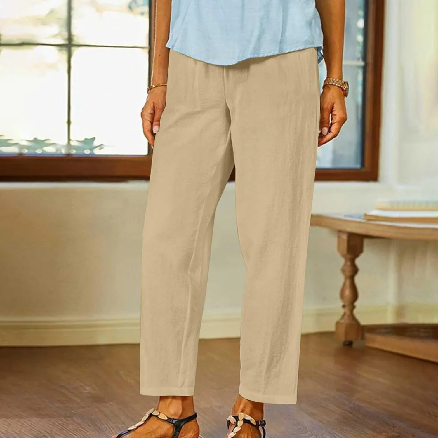 FZYLQY Linen Pants for Women Straight Leg Summer Trendy Elastic Waist Palazzo Beach Loose Fit Cropped Trousers with Pockets