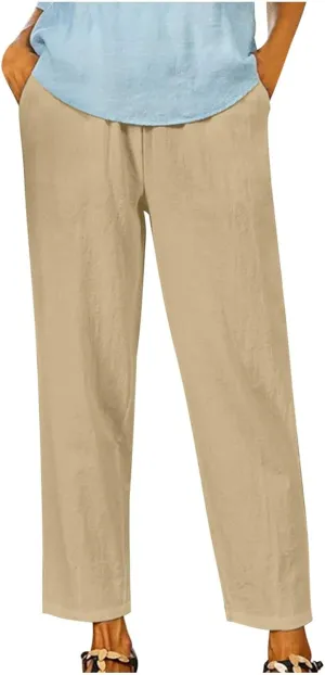 FZYLQY Linen Pants for Women Straight Leg Summer Trendy Elastic Waist Palazzo Beach Loose Fit Cropped Trousers with Pockets