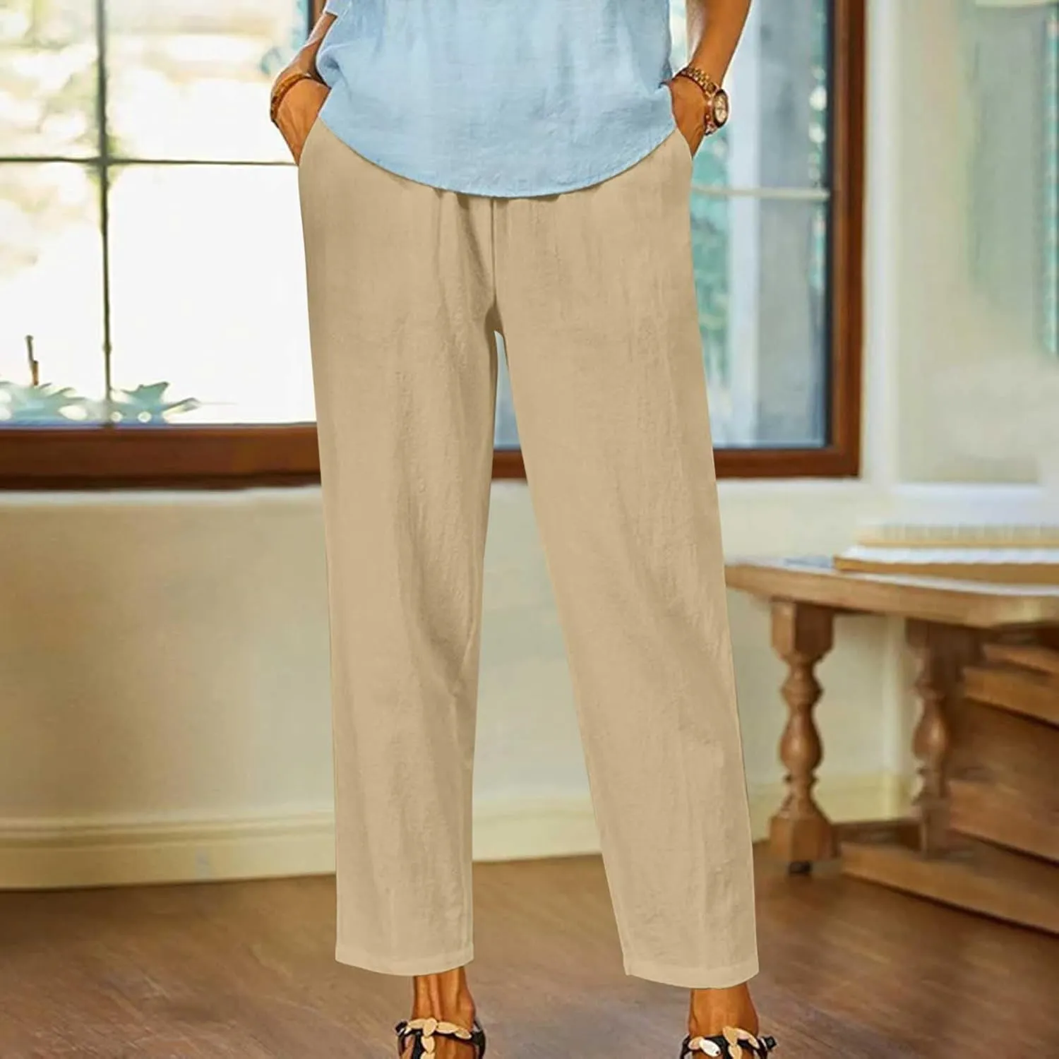 FZYLQY Linen Pants for Women Straight Leg Summer Trendy Elastic Waist Palazzo Beach Loose Fit Cropped Trousers with Pockets