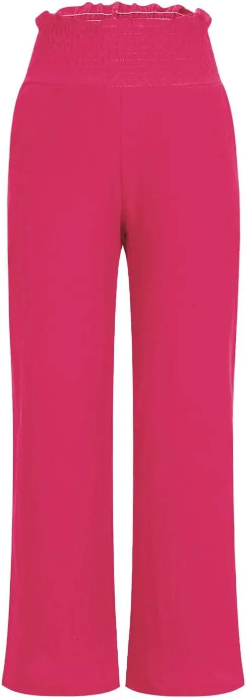FZYLQY Wide Leg Linen Pants for Women Elastic High Waisted Flowy Palazzo Pants Comfy Lounge Pants Trousers with Pockets