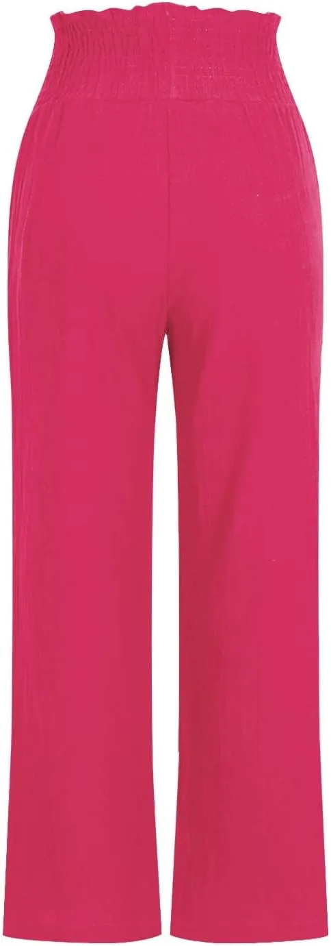 FZYLQY Wide Leg Linen Pants for Women Elastic High Waisted Flowy Palazzo Pants Comfy Lounge Pants Trousers with Pockets