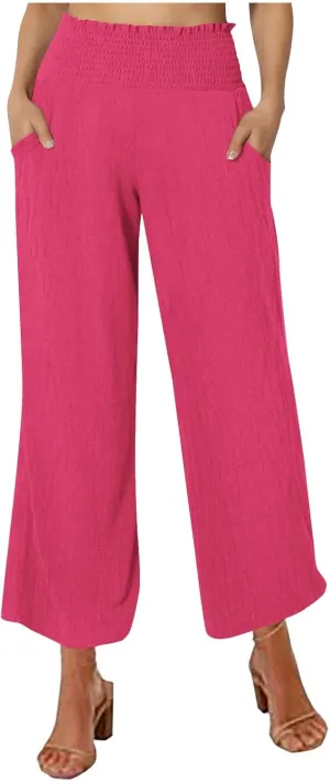 FZYLQY Wide Leg Linen Pants for Women Elastic High Waisted Flowy Palazzo Pants Comfy Lounge Pants Trousers with Pockets