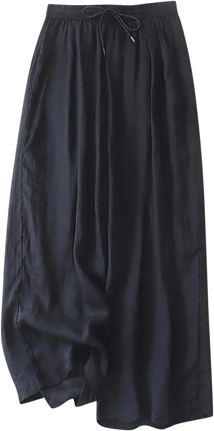 FZYLQY Wide Leg Pants for Women Cotton Linen Lounge Trousers Summer Trendy Solid Color Elastic Waist Drawstring Casual Pants
