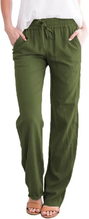 FZYLQY Womens Casual Cotton Linen Pants Lightweight Summer Relax Fit Elastic Waist Pants Plus Size Solid Lounge Trousers