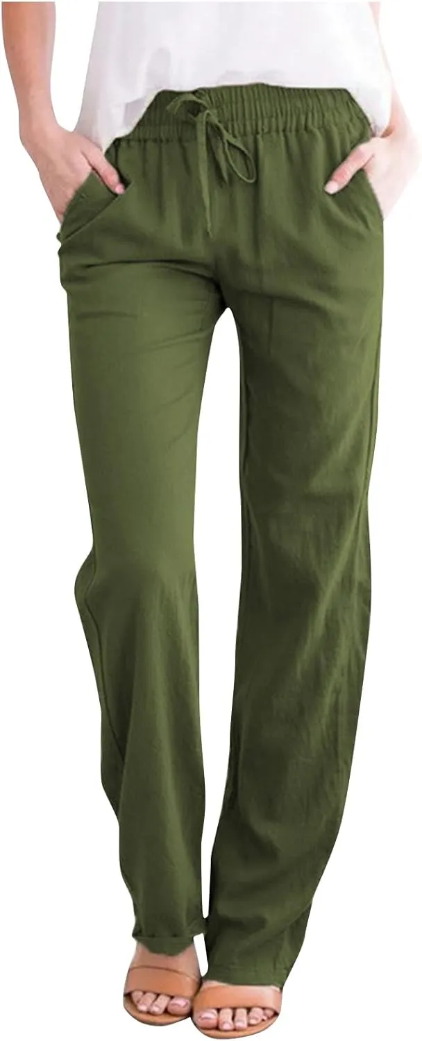 FZYLQY Womens Casual Cotton Linen Pants Lightweight Summer Relax Fit Elastic Waist Pants Plus Size Solid Lounge Trousers