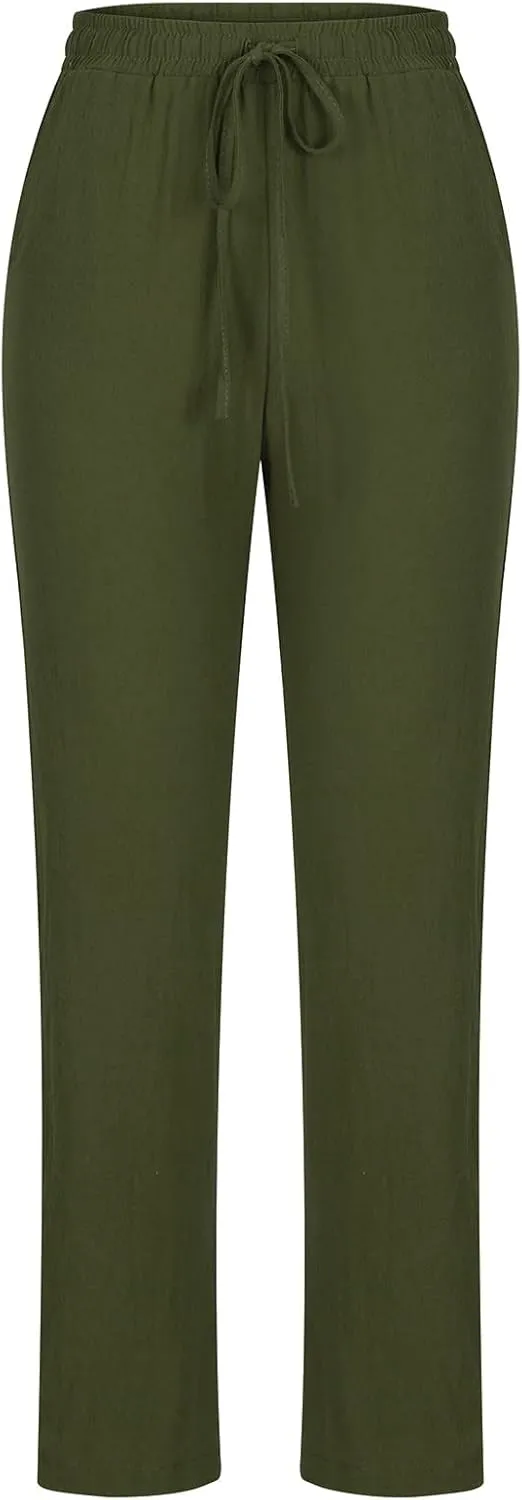 FZYLQY Womens Casual Cotton Linen Pants Lightweight Summer Relax Fit Elastic Waist Pants Plus Size Solid Lounge Trousers