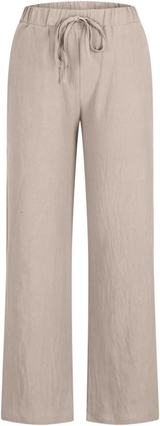 FZYLQY Women's Cotton Linen Pants, Ladies 2025 Summer Wide Leg Pants Casual Loose Elastic High Waist Palazzo Trousers