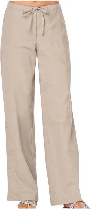 FZYLQY Women's Cotton Linen Pants, Ladies 2025 Summer Wide Leg Pants Casual Loose Elastic High Waist Palazzo Trousers