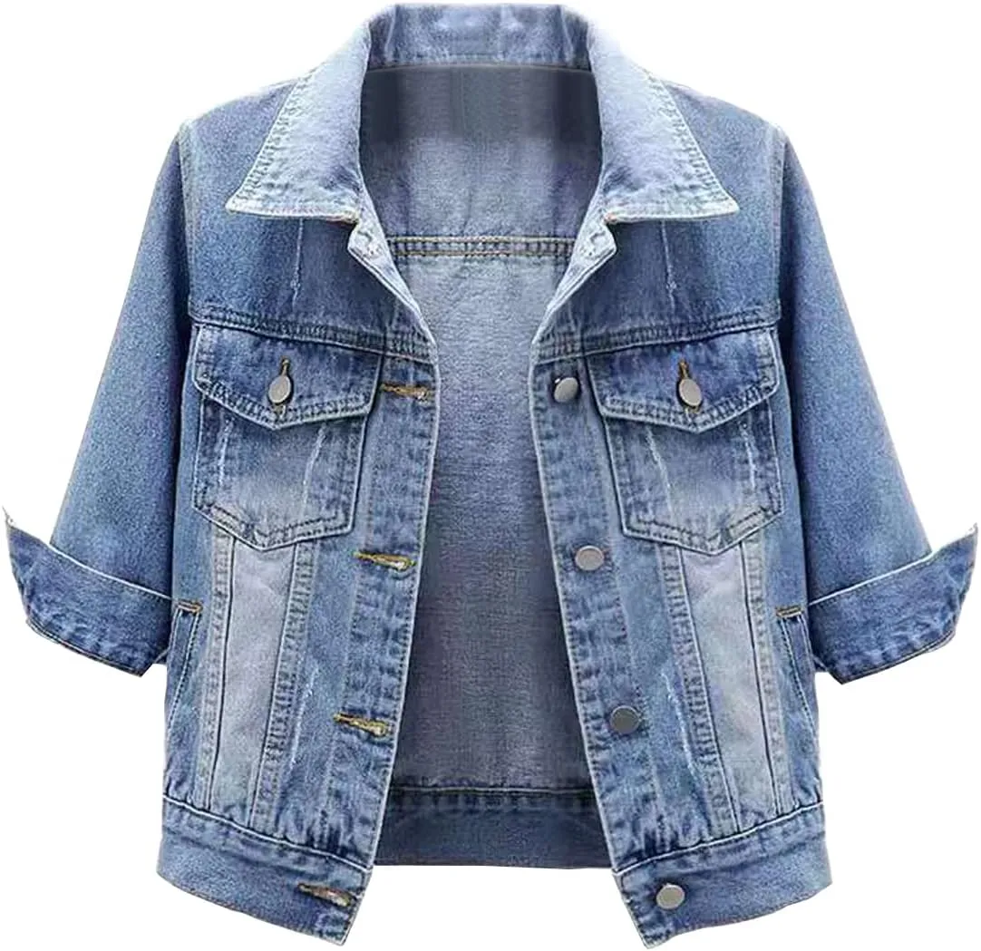 Gacaky Women's Basic 3/4 Sleeve Retro Denim Jackets Lapel Button Down Cropped Jean Jacket 2025 Spring Fall Outfits