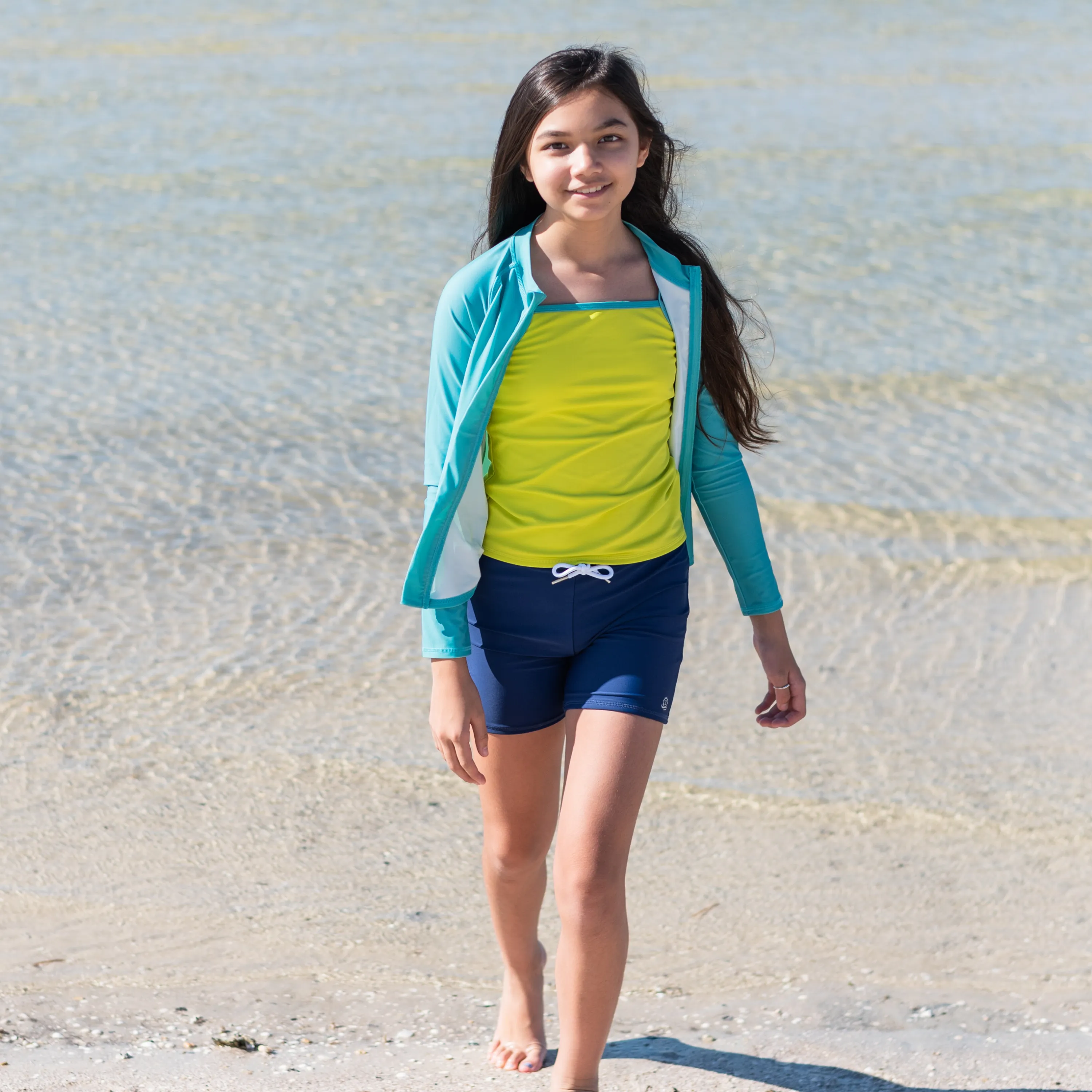 Girls Long Sleeve Rash Guard   Tankini Shorts Set (3 Piece) | "Aqua Sea"