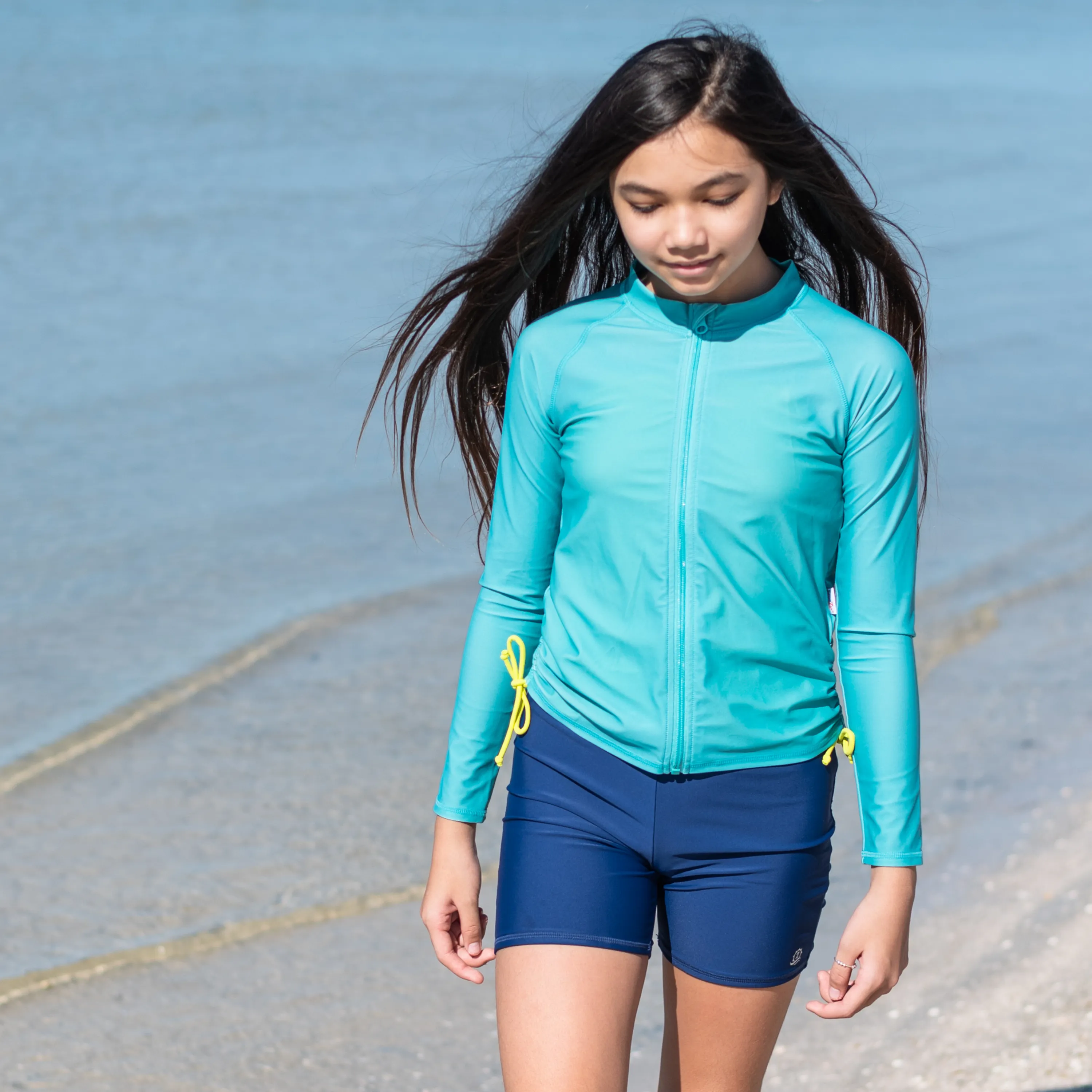 Girls Long Sleeve Rash Guard   Tankini Shorts Set (3 Piece) | "Aqua Sea"