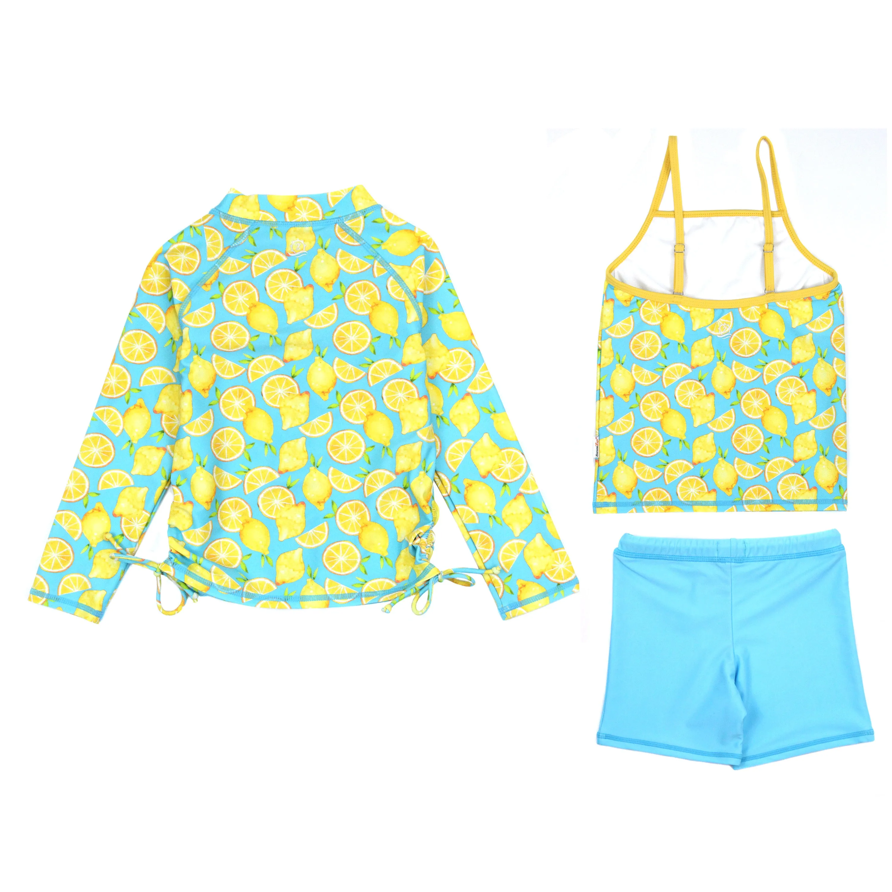 Girls Long Sleeve Rash Guard   Tankini Shorts Set (3 Piece) | "Lemons"