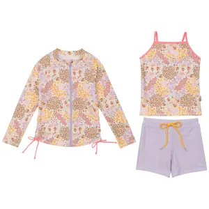 Girls Long Sleeve Rash Guard   Tankini Shorts Set (3 Piece) | "Meadows"
