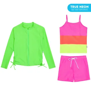 Girls Long Sleeve Rash Guard   Tankini Shorts Set (3 Piece) | "Neon Sunrise"