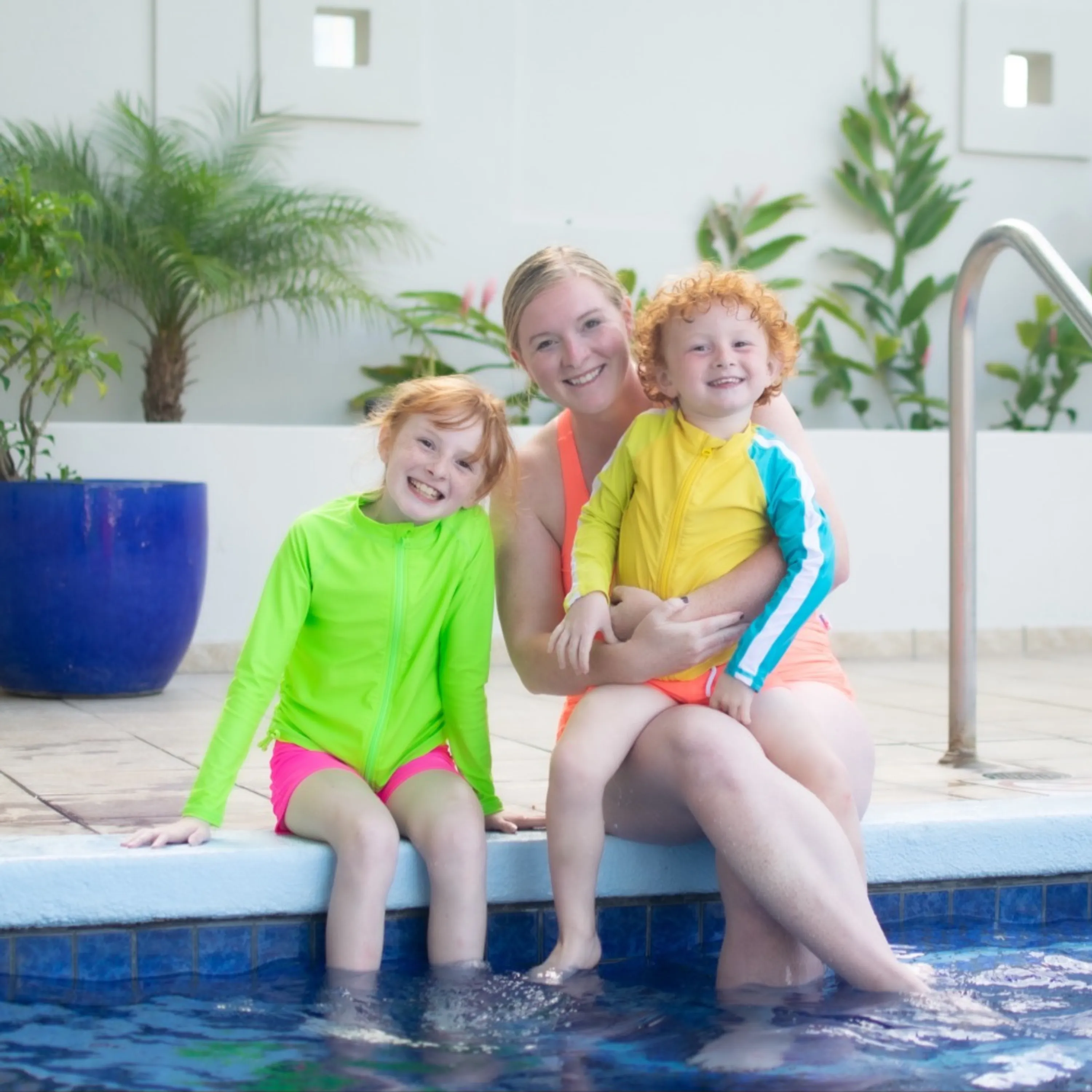 Girls Long Sleeve Rash Guard   Tankini Shorts Set (3 Piece) | "Neon Sunrise"